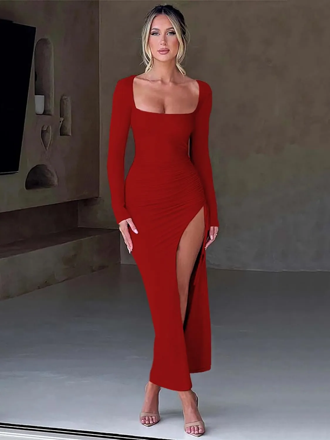 2025 Women's Square Neck Long Sleeve High Side Thigh Slit Drawstring Bodycon Ruched Sexy Club Party Maxi Long Dresses