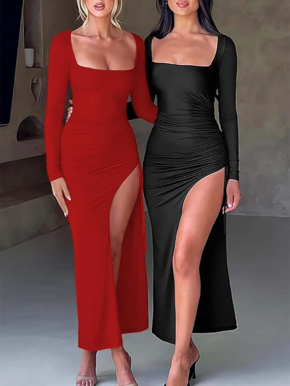 2025 Women's Square Neck Long Sleeve High Side Thigh Slit Drawstring Bodycon Ruched Sexy Club Party Maxi Long Dresses