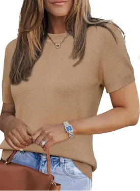 Arach&Cloz Women's Wool Blend Loose Fit Soft Summer Sweater Short Sleeve Crew Neck Casual Pullover Tops Trendy Outfits 2025