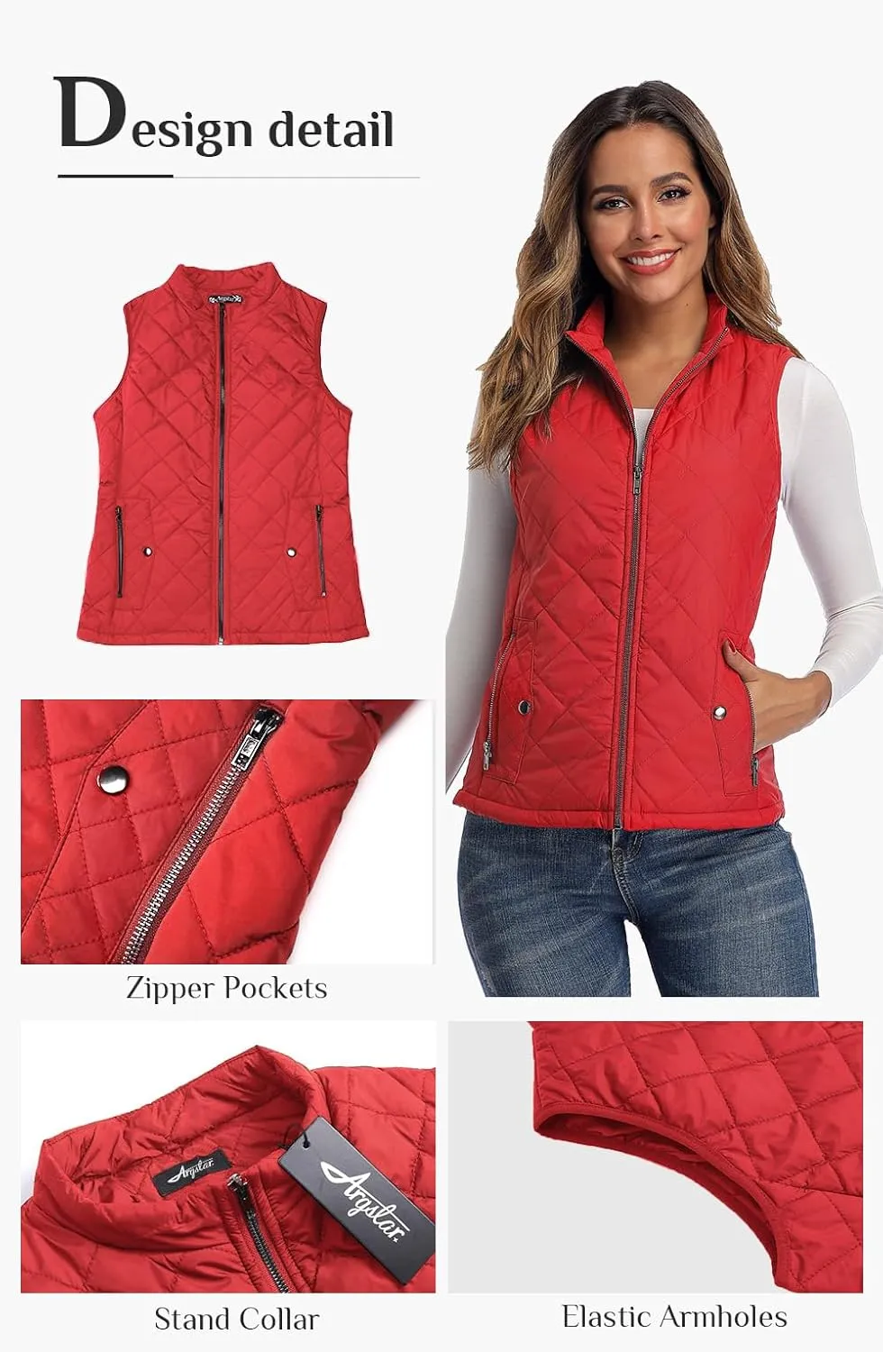 Argstar Women's Vest, Quilted Lightweight Zip Pockets Padded Gilet (XS-2XL)