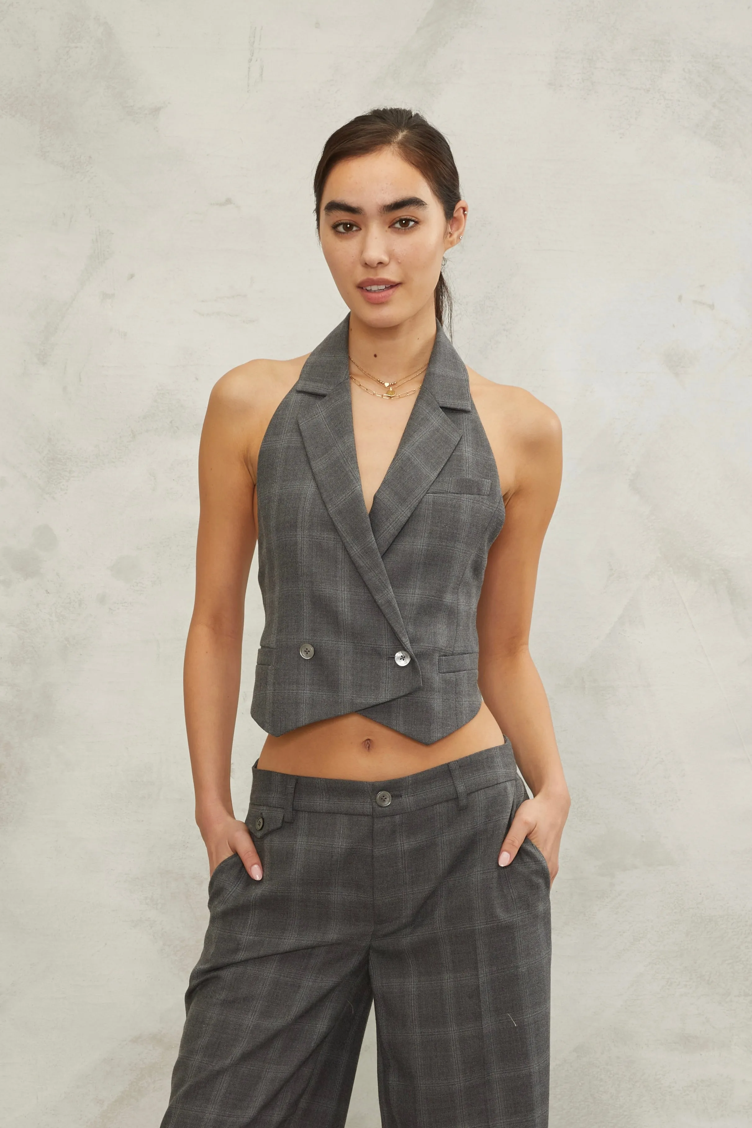 Ava Open Back Cropped Tuxedo Vest in Charlotte Plaid
