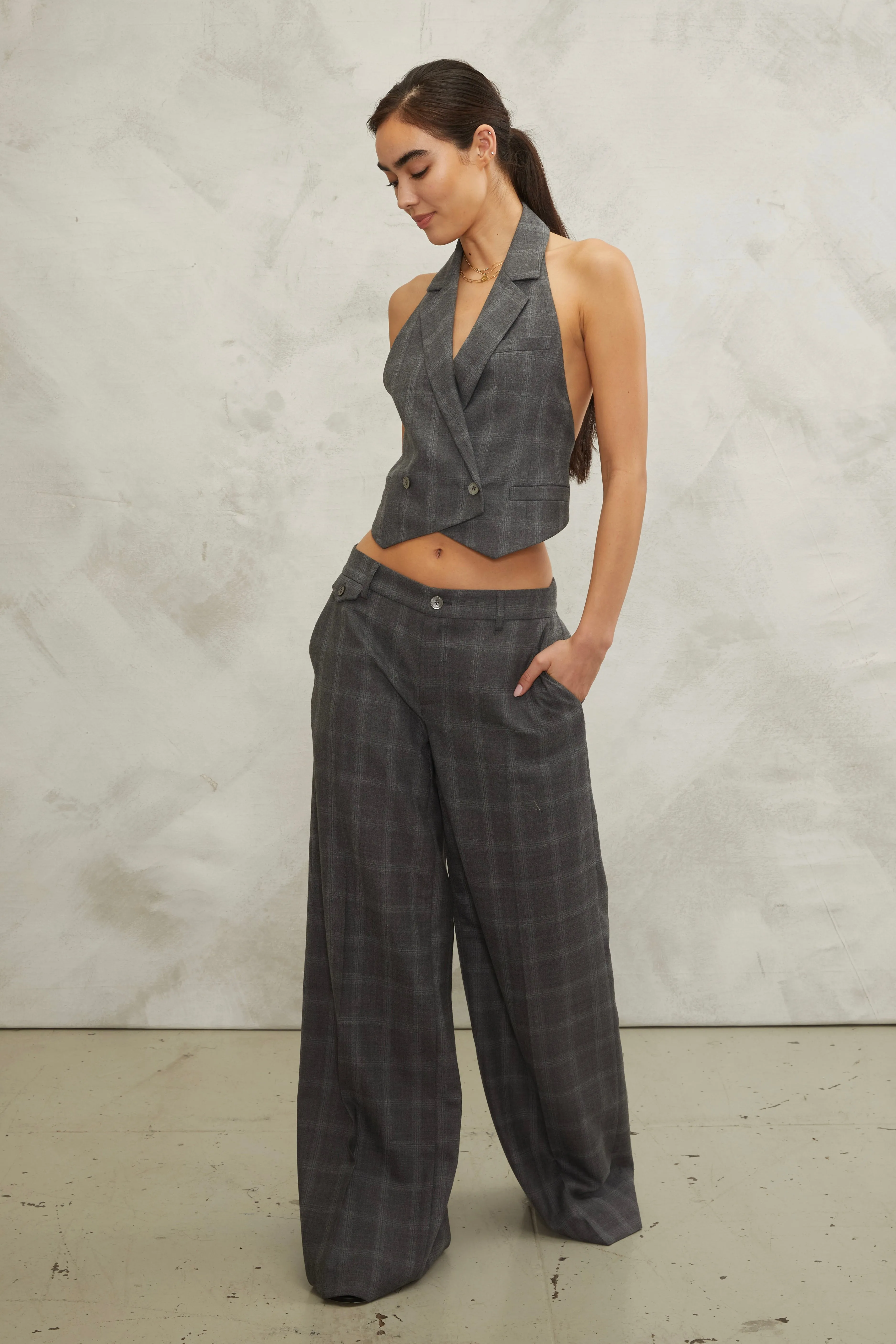 Ava Open Back Cropped Tuxedo Vest in Charlotte Plaid