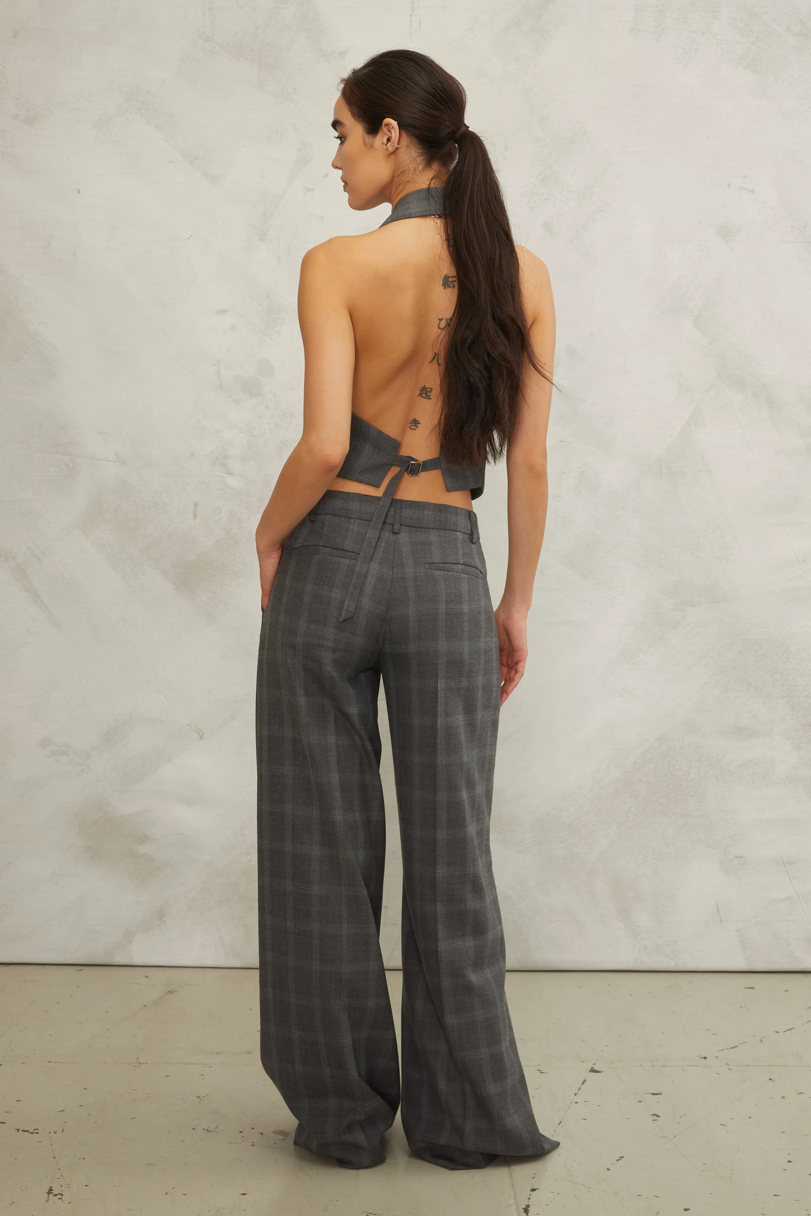 Ava Open Back Cropped Tuxedo Vest in Charlotte Plaid
