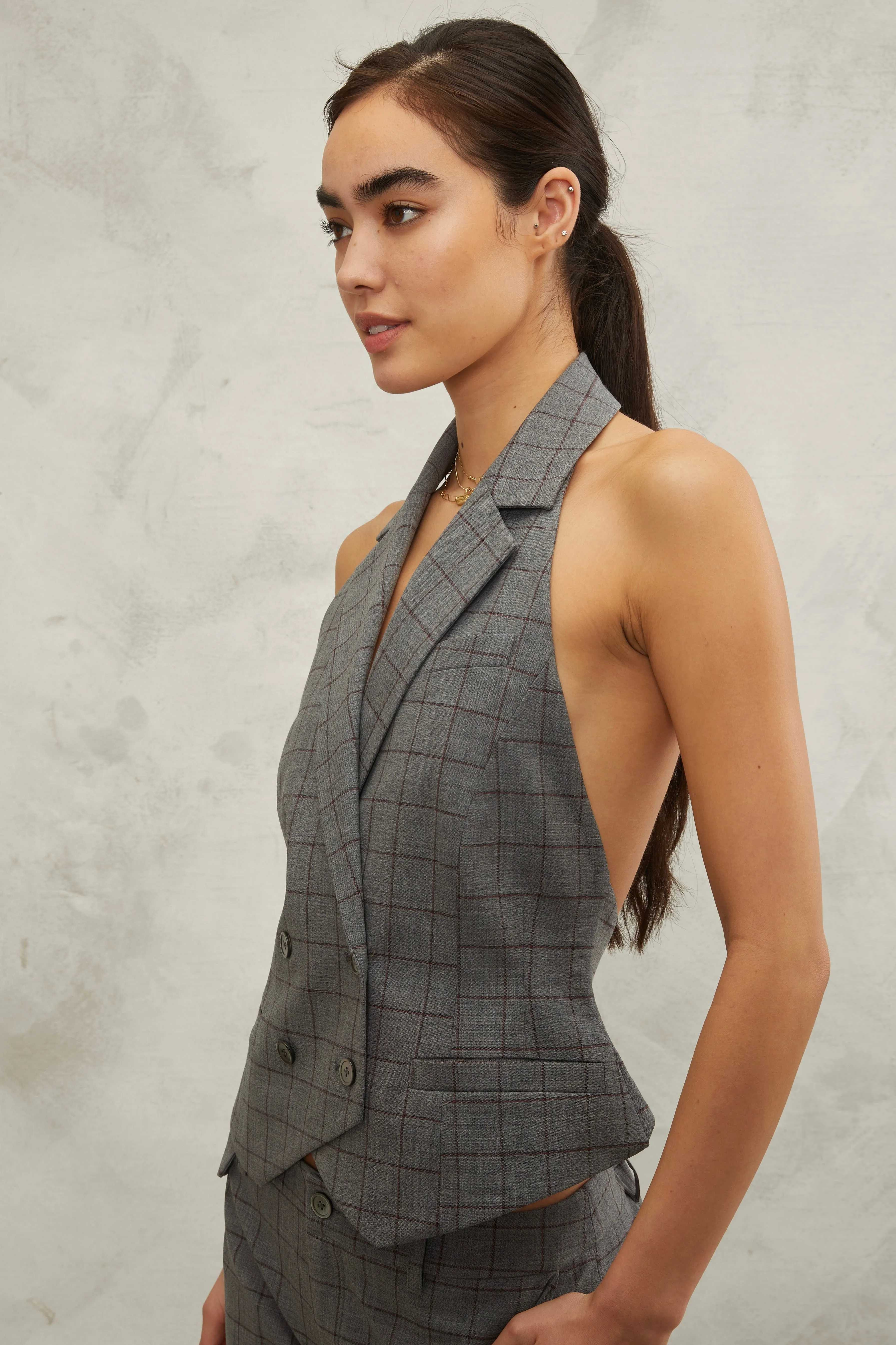 Ava Open Back Tuxedo Vest in Evelyn Window Pane