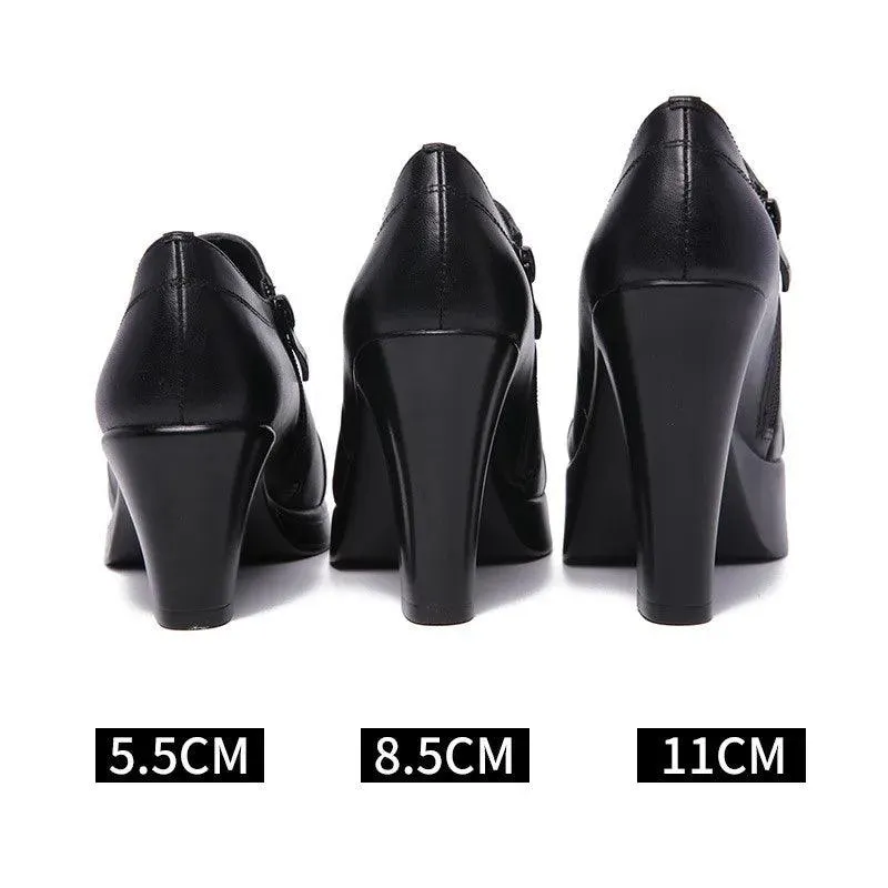 Black Block Heels Platform Pumps Women's Trouser Heels