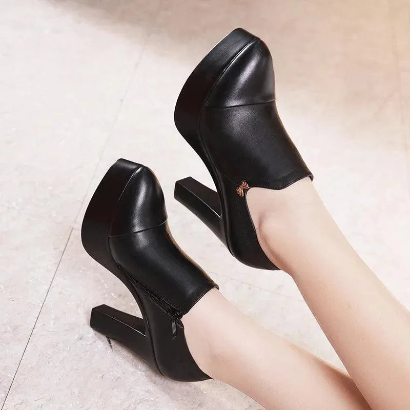 Black Block Heels Platform Pumps Women's Trouser Heels