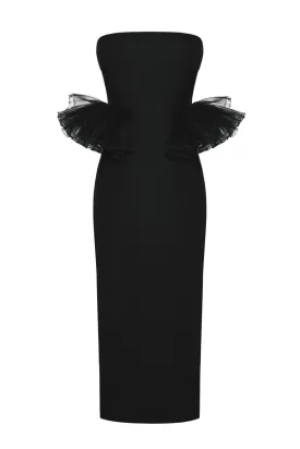 BLACK RUFFLE WAIST CORSET MIDI DRESS