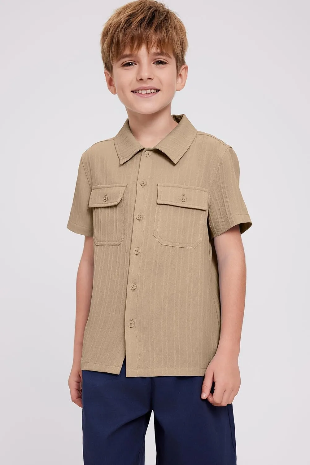 blibean Boys Button-Down Uniform Shirts Semi Formal Dress Tops with Chest Pockets
