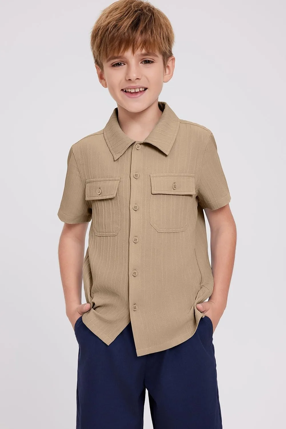 blibean Boys Button-Down Uniform Shirts Semi Formal Dress Tops with Chest Pockets
