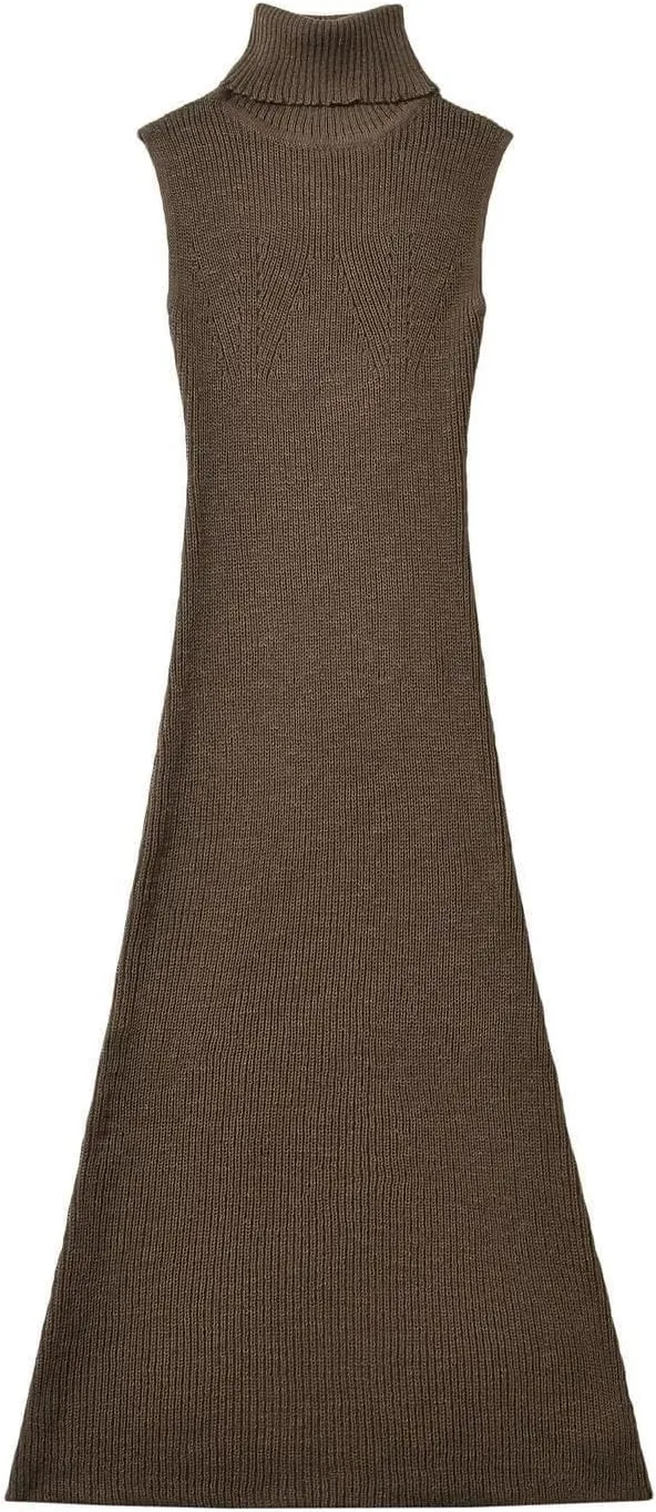 efvandoloe Autumn Winter Turtleneck Knitted Sweater Dress Women Sleevless Midi Dresses