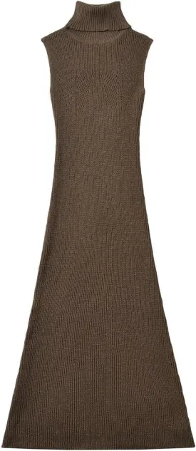 efvandoloe Autumn Winter Turtleneck Knitted Sweater Dress Women Sleevless Midi Dresses