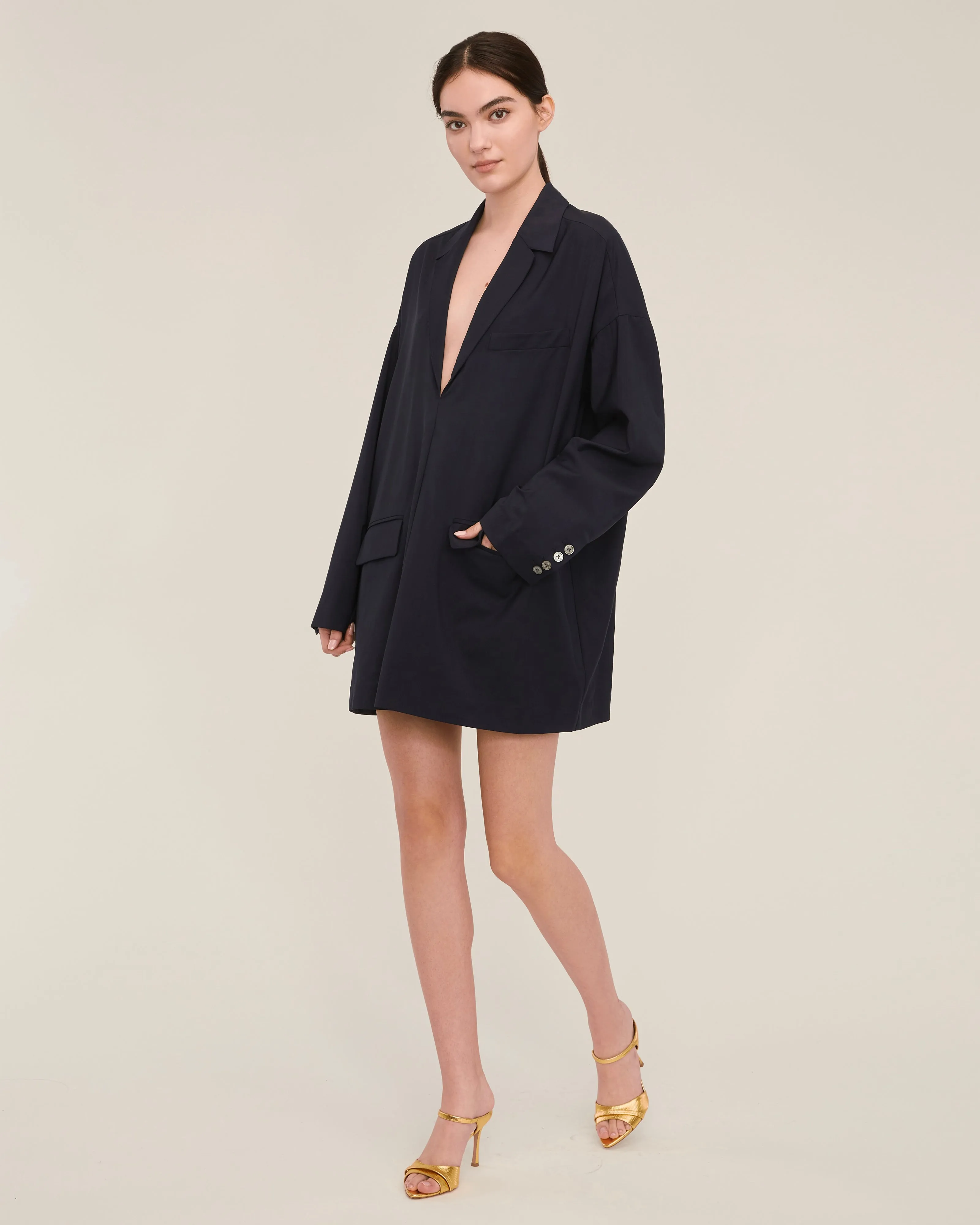 Elaine Tropical Wool Tunic Blazer in Indigo