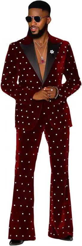 Fashion Velvet Men's Suits with Rhinestones 2 Pieces Prom Tuxedo Regular Fit Peak Lapel Blazer Pants for Dinner Wedding