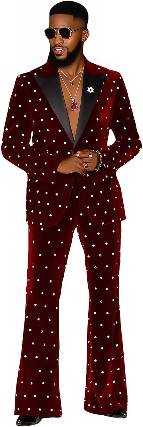 Fashion Velvet Men's Suits with Rhinestones 2 Pieces Prom Tuxedo Regular Fit Peak Lapel Blazer Pants for Dinner Wedding