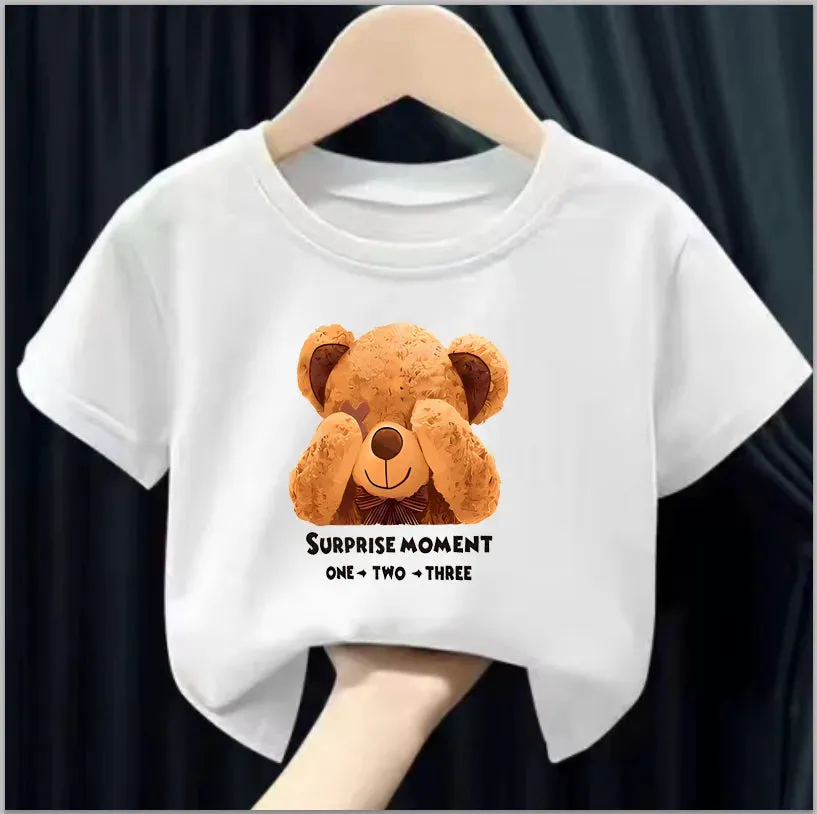 Girls' Summer Round Neck Short Sleeve T-shirt New Sweet Fashion Bear Print Tops Girls Clothes