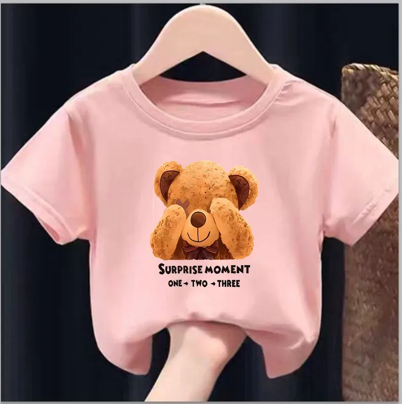 Girls' Summer Round Neck Short Sleeve T-shirt New Sweet Fashion Bear Print Tops Girls Clothes