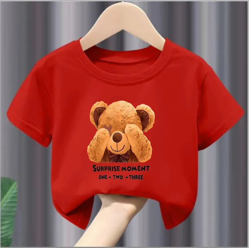Girls' Summer Round Neck Short Sleeve T-shirt New Sweet Fashion Bear Print Tops Girls Clothes