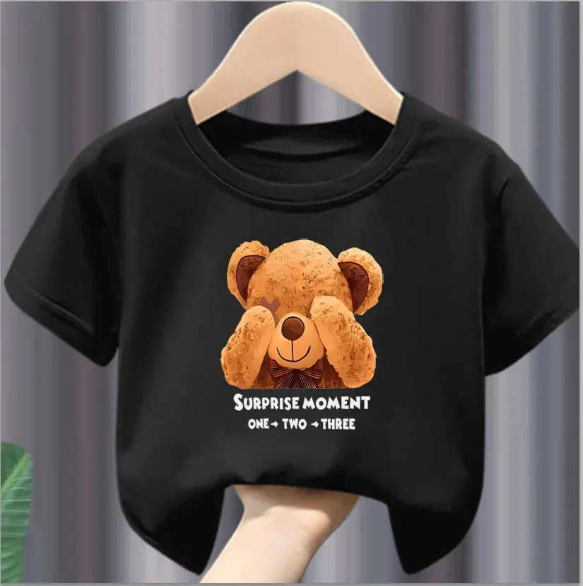 Girls' Summer Round Neck Short Sleeve T-shirt New Sweet Fashion Bear Print Tops Girls Clothes