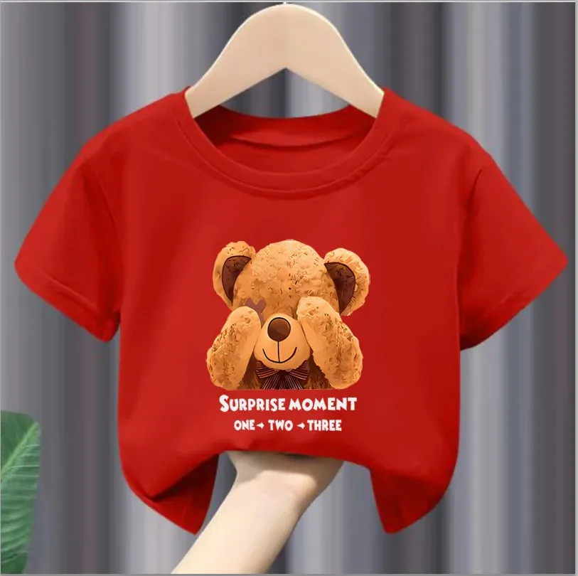 Girls' Summer Round Neck Short Sleeve T-shirt New Sweet Fashion Bear Print Tops Girls Clothes