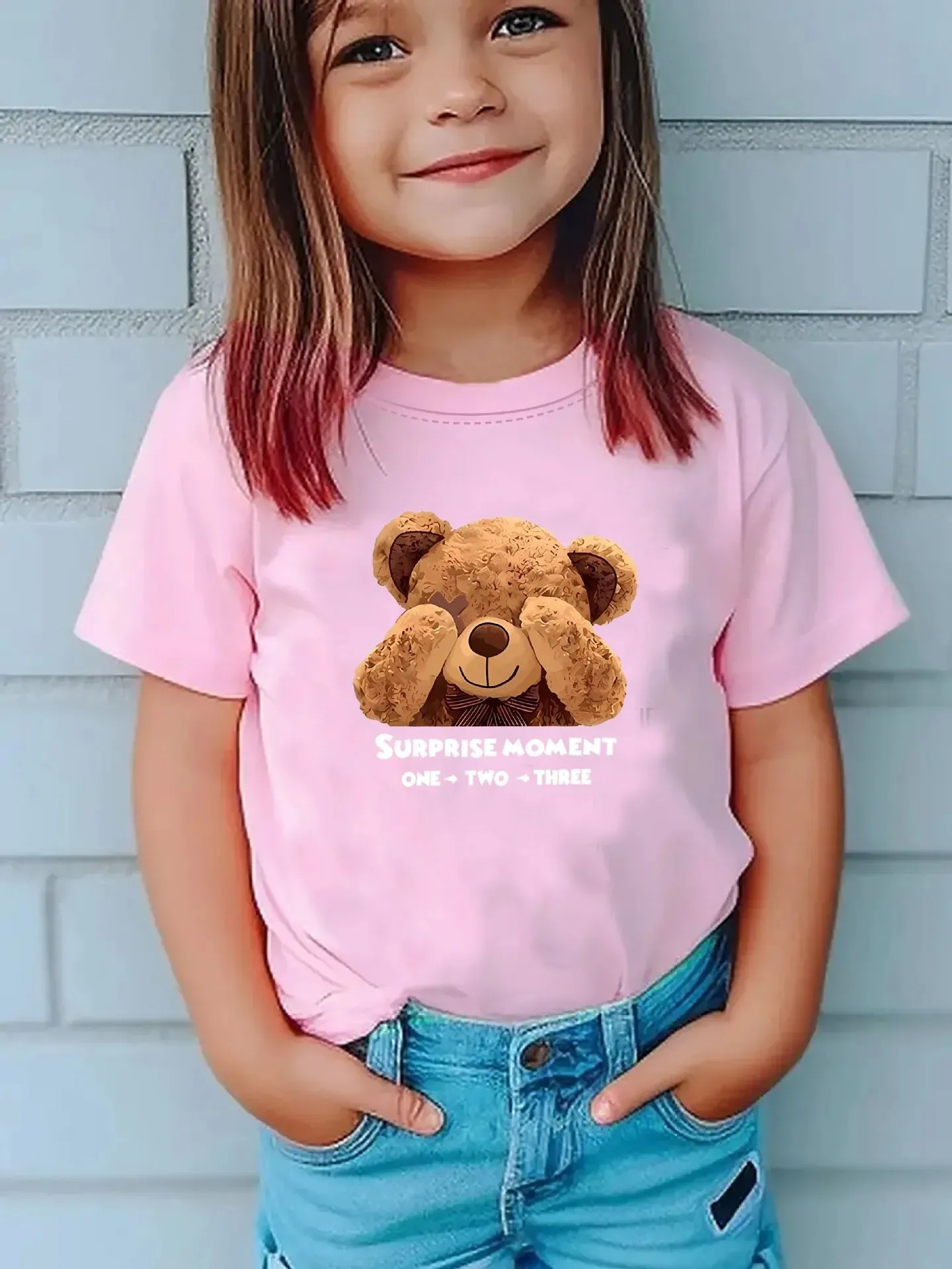 Girls' Summer Round Neck Short Sleeve T-shirt New Sweet Fashion Bear Print Tops Girls Clothes