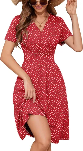 Heymoments Womens Summer Short Sleeve Casual Dresses V-Neck Midi Dress with Pockets S-2XL