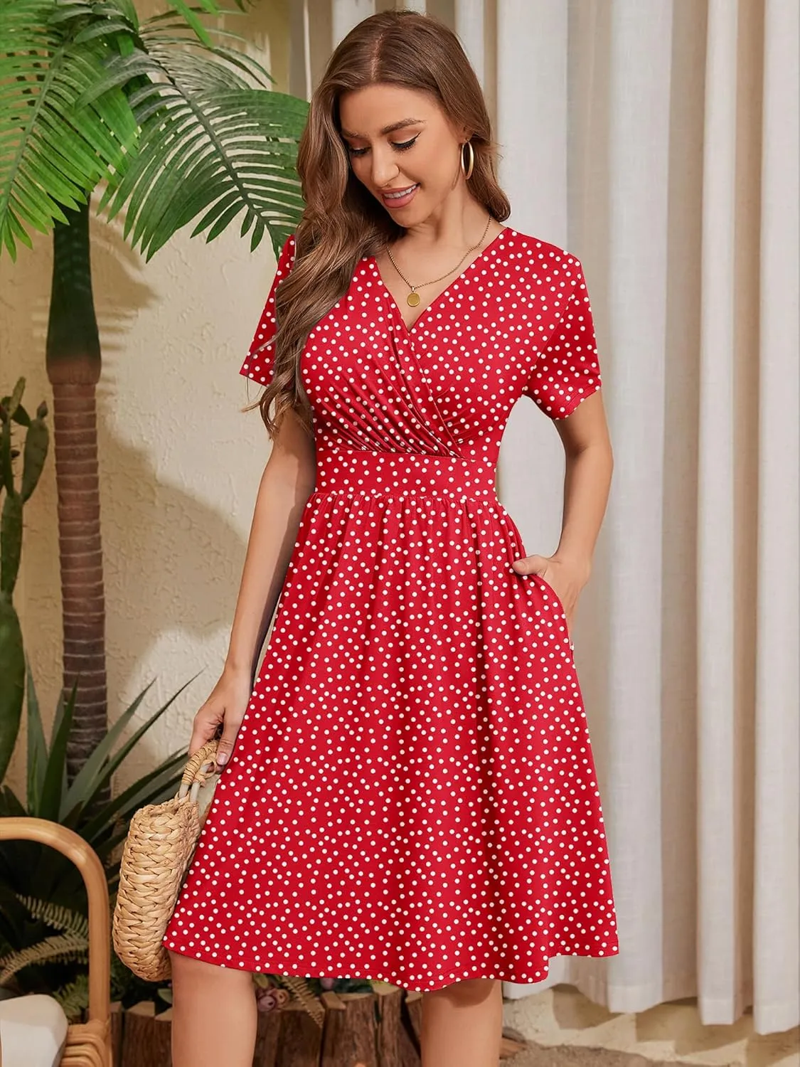 Heymoments Womens Summer Short Sleeve Casual Dresses V-Neck Midi Dress with Pockets S-2XL