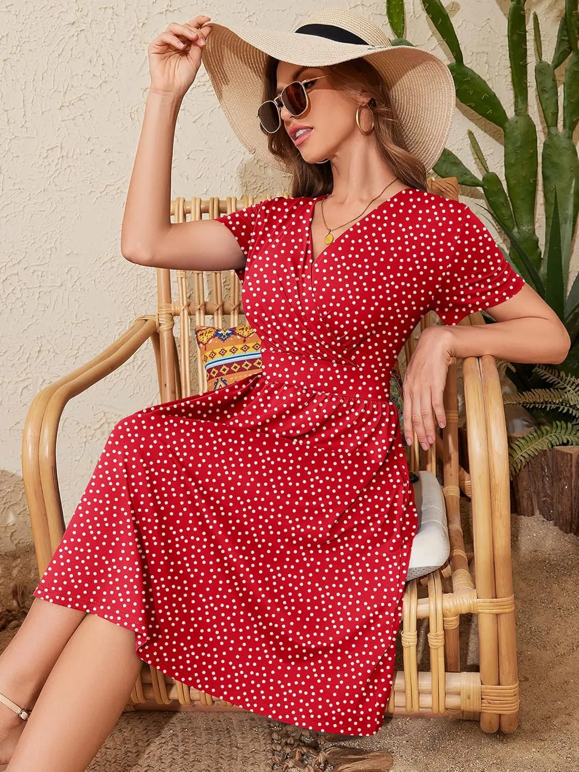 Heymoments Womens Summer Short Sleeve Casual Dresses V-Neck Midi Dress with Pockets S-2XL