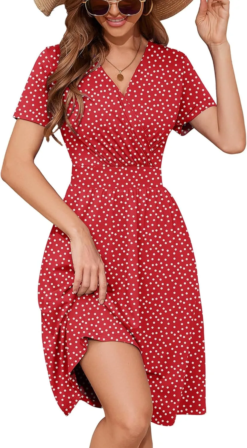 Heymoments Womens Summer Short Sleeve Casual Dresses V-Neck Midi Dress with Pockets S-2XL