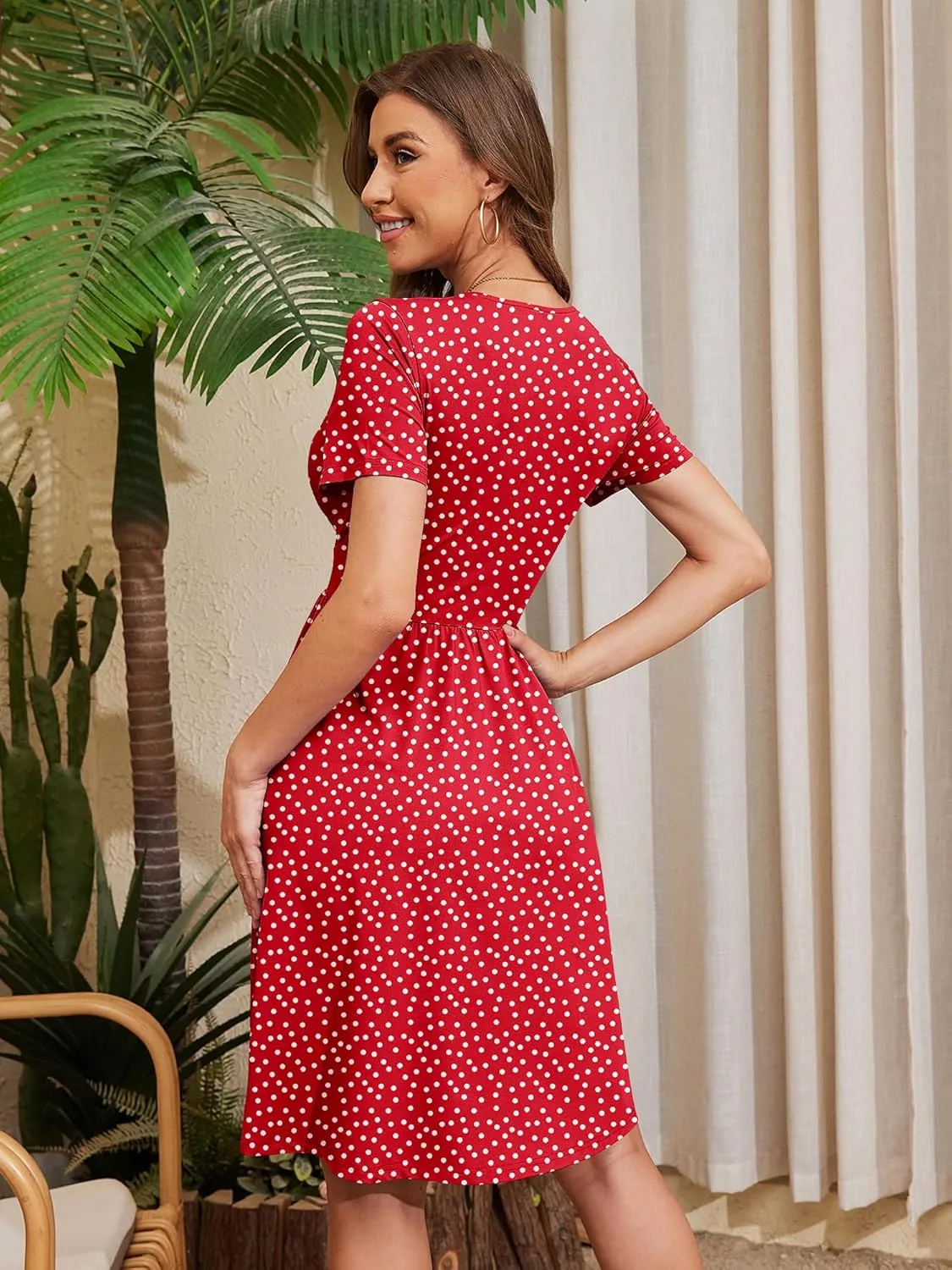 Heymoments Womens Summer Short Sleeve Casual Dresses V-Neck Midi Dress with Pockets S-2XL