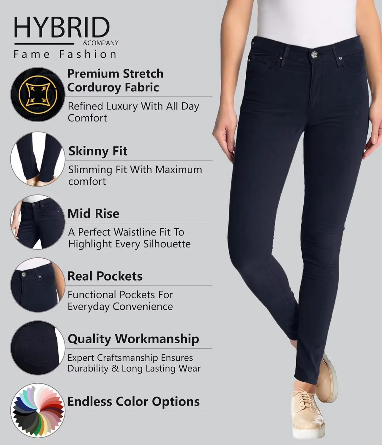 Hybrid & Company Super Comfy Stretch Women 5 Pockets Corduroy Skinny Pants