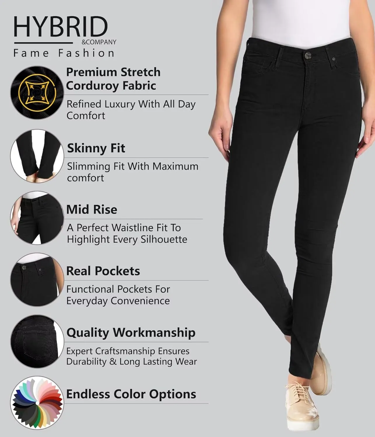 Hybrid & Company Super Comfy Stretch Women 5 Pockets Corduroy Skinny Pants