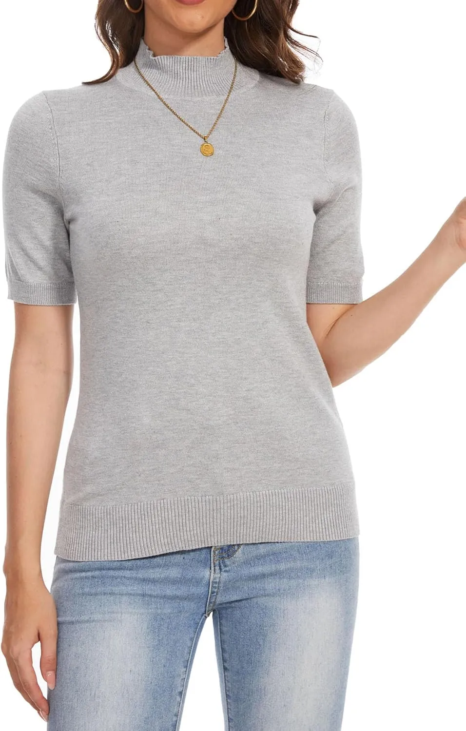 INKOFF Women's Short Sleeve Mock Neck Sweater Top Turtleneck Dressy Pullover Knit Shirt