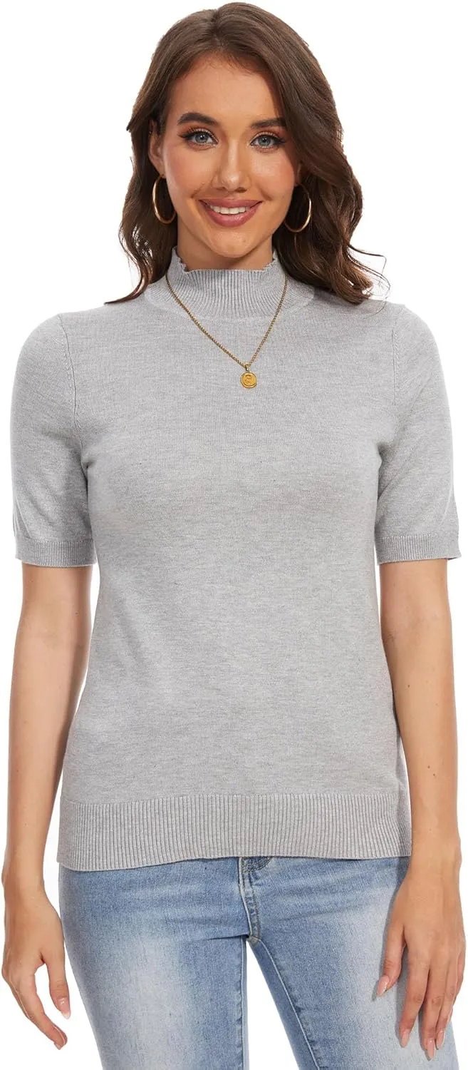 INKOFF Women's Short Sleeve Mock Neck Sweater Top Turtleneck Dressy Pullover Knit Shirt