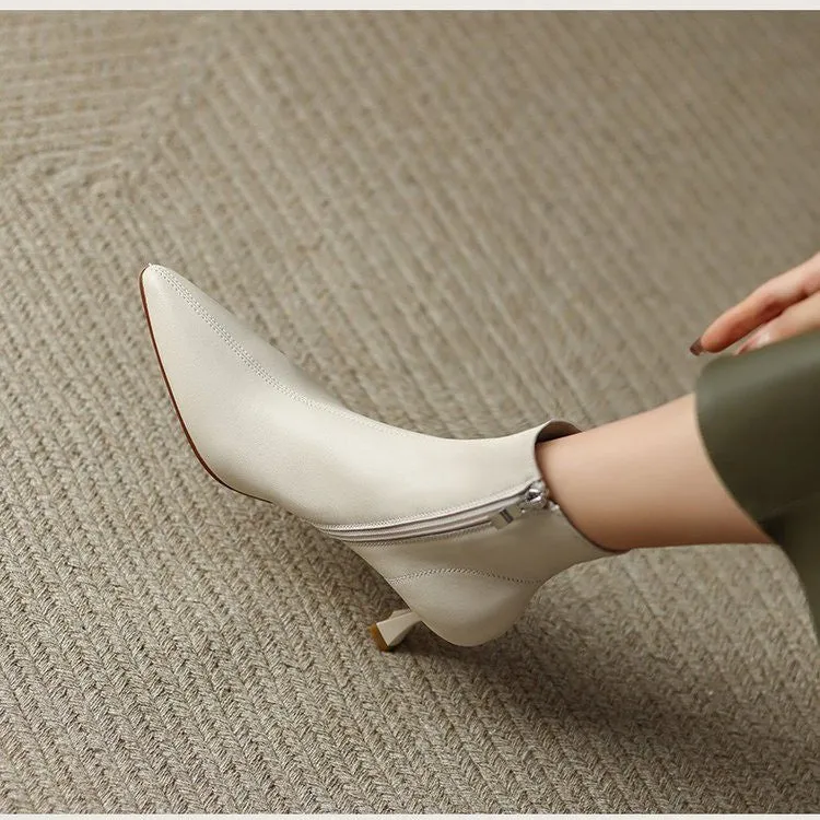 Joskaa Women Ankle Boots  Leather 6cm Thin Heels Side Zip Pointed Booties Ladies Casual Shoes Woman Size 40