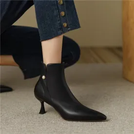 Joskaa Women Ankle Boots  Leather 6cm Thin Heels Side Zip Pointed Booties Ladies Casual Shoes Woman Size 40