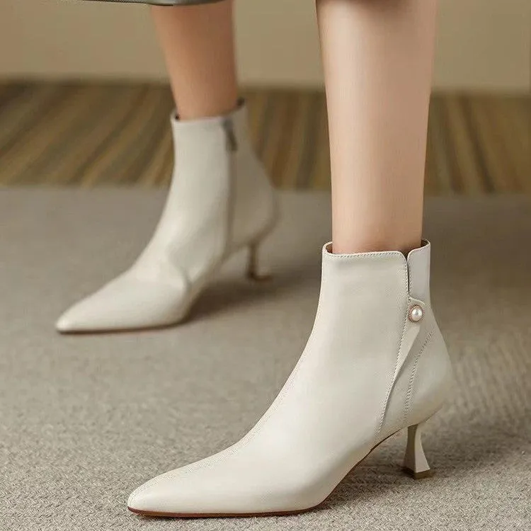 Joskaa Women Ankle Boots  Leather 6cm Thin Heels Side Zip Pointed Booties Ladies Casual Shoes Woman Size 40