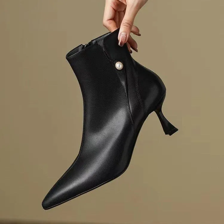 Joskaa Women Ankle Boots  Leather 6cm Thin Heels Side Zip Pointed Booties Ladies Casual Shoes Woman Size 40