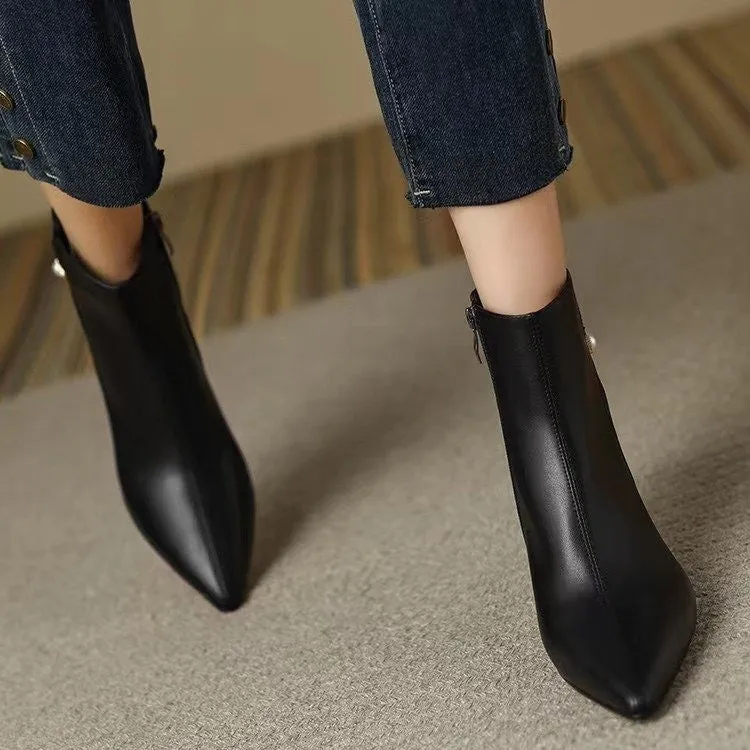 Joskaa Women Ankle Boots  Leather 6cm Thin Heels Side Zip Pointed Booties Ladies Casual Shoes Woman Size 40