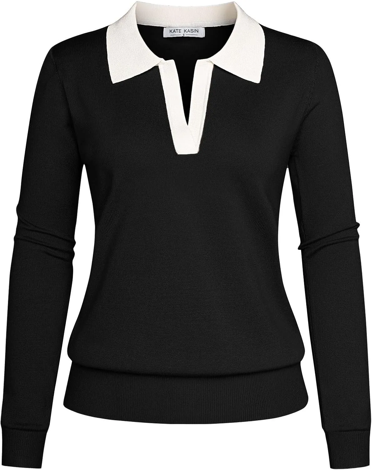 Kate Kasin Women Long Sleeve Polo Sweater V Neck Knitted Tops Casual Ribbed Shirt Loose Pullover Sweater