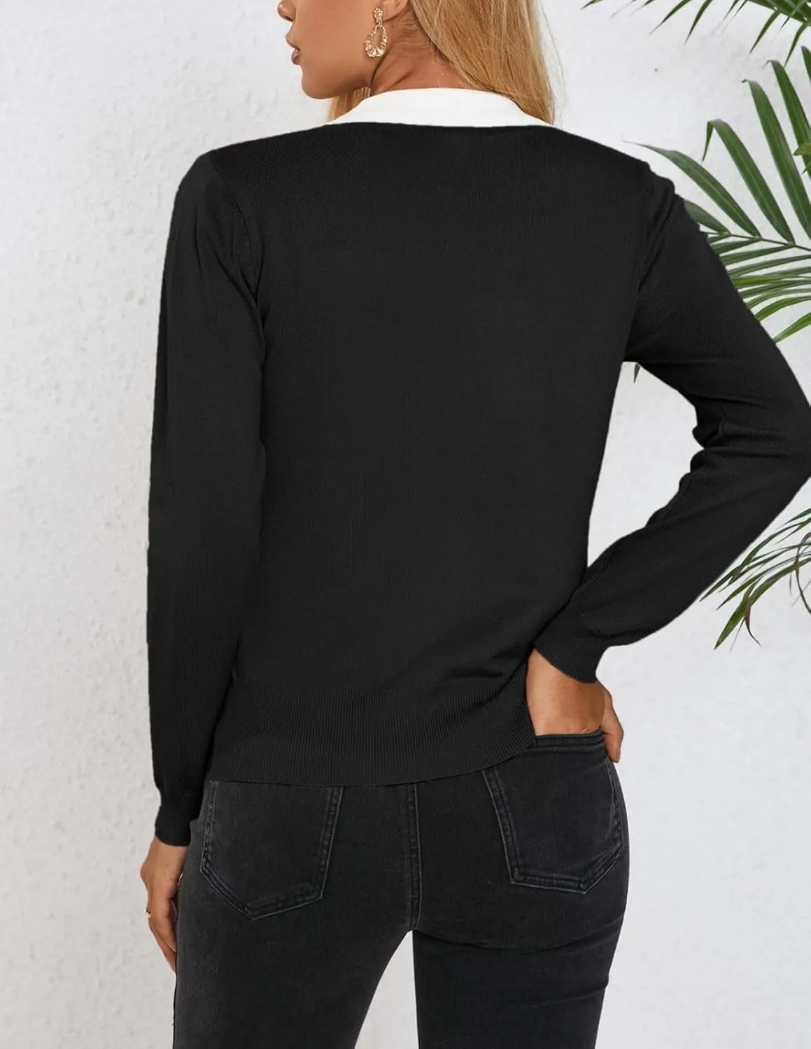 Kate Kasin Women Long Sleeve Polo Sweater V Neck Knitted Tops Casual Ribbed Shirt Loose Pullover Sweater
