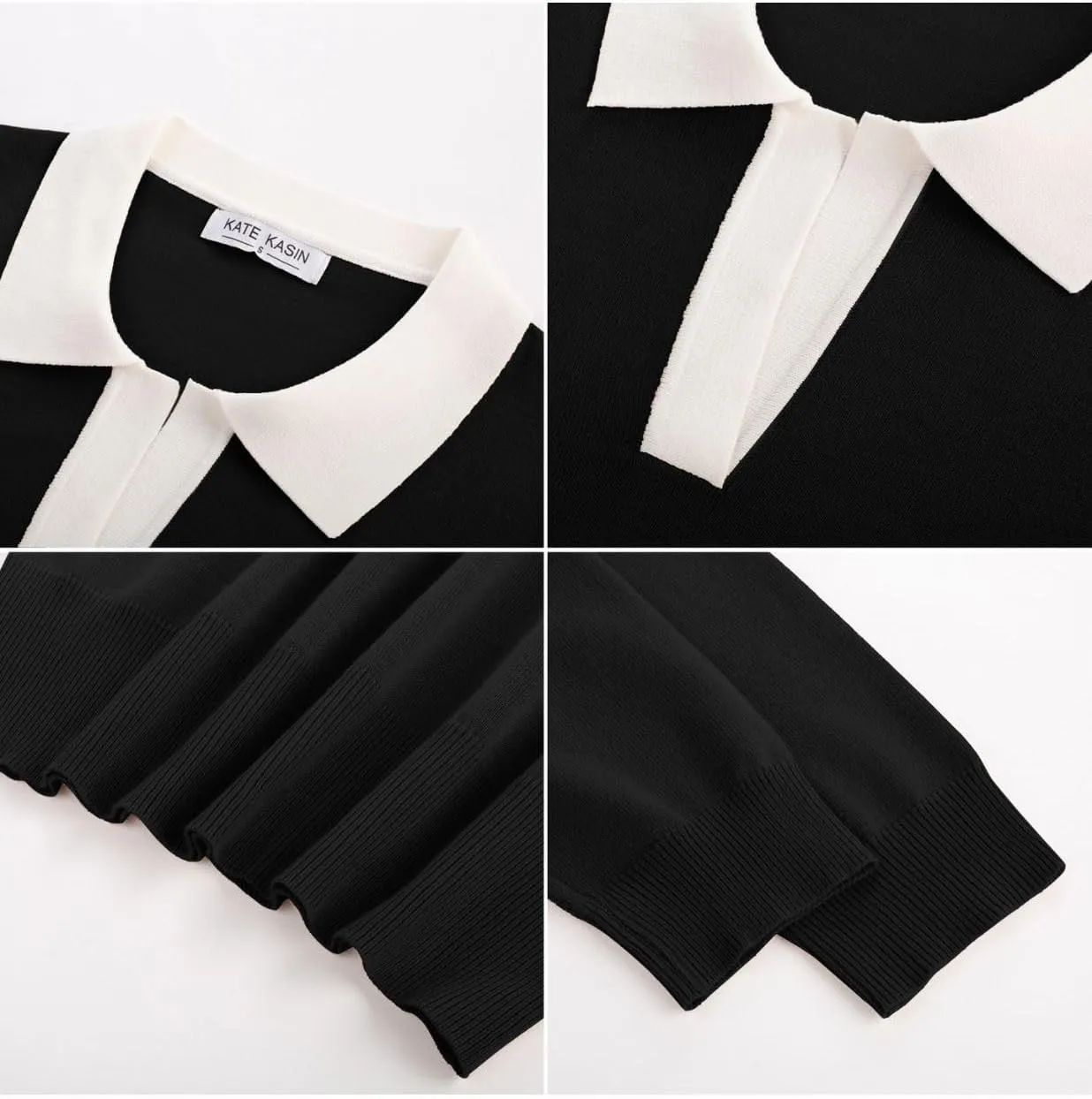 Kate Kasin Women Long Sleeve Polo Sweater V Neck Knitted Tops Casual Ribbed Shirt Loose Pullover Sweater