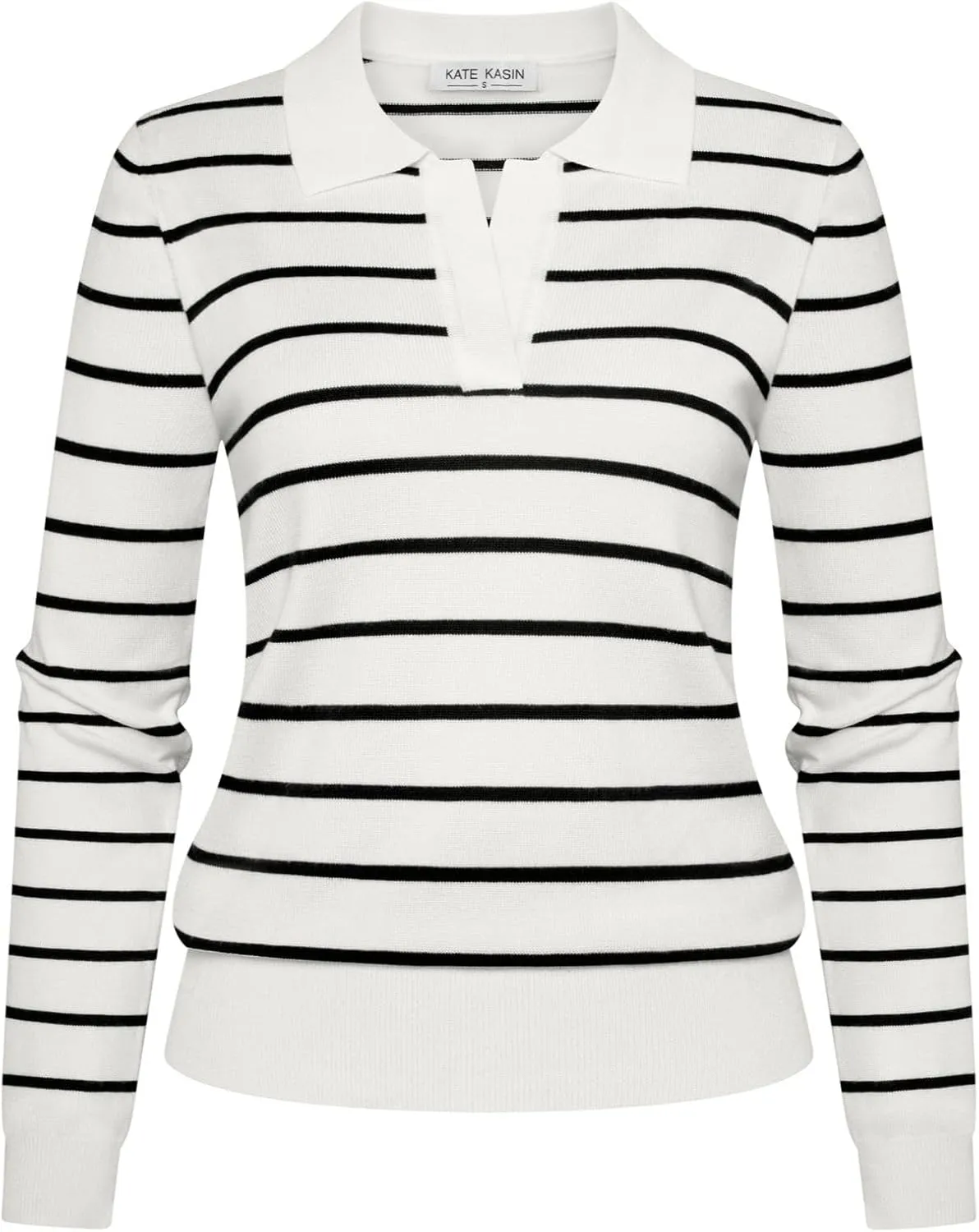 Kate Kasin Women Long Sleeve Polo Sweater V Neck Knitted Tops Casual Ribbed Shirt Loose Pullover Sweater