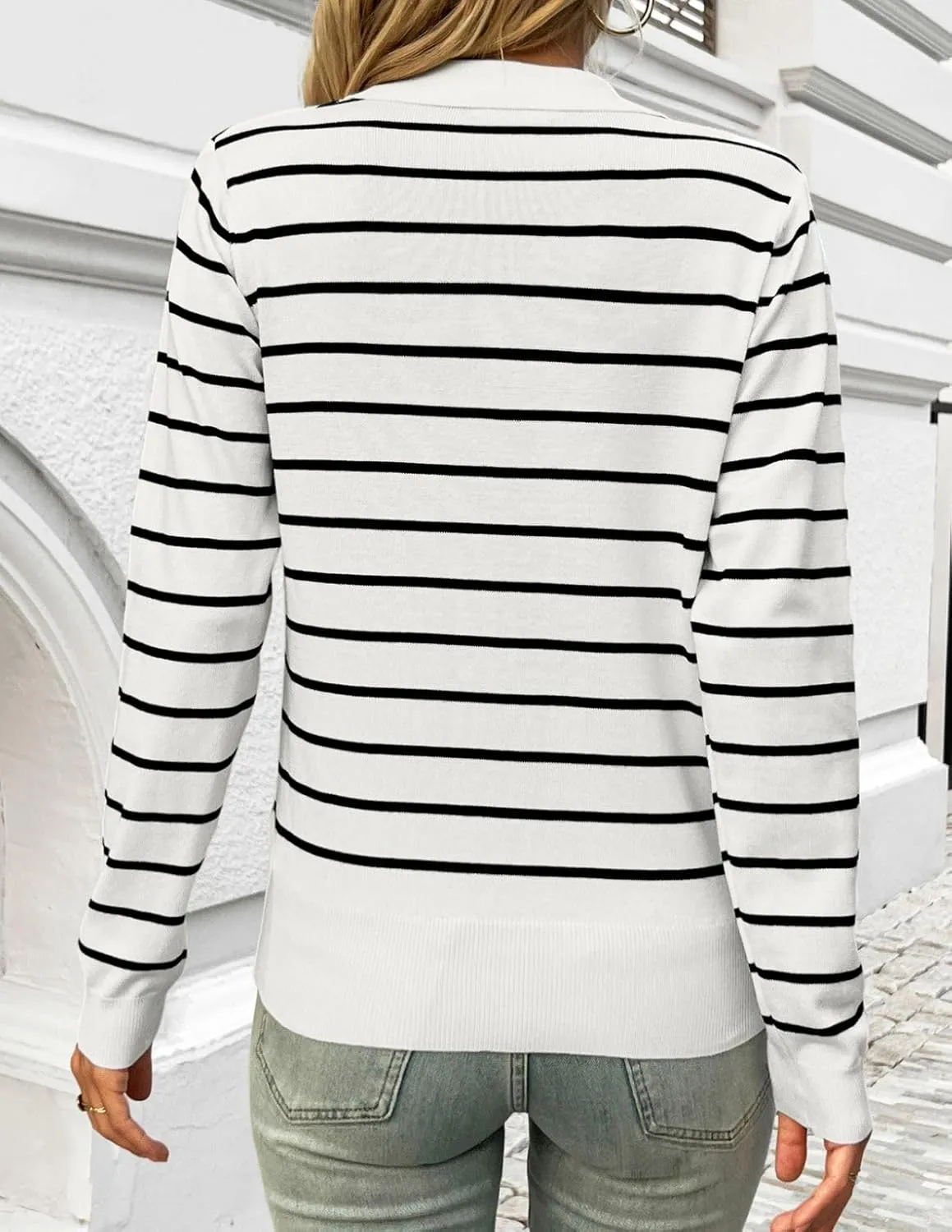 Kate Kasin Women Long Sleeve Polo Sweater V Neck Knitted Tops Casual Ribbed Shirt Loose Pullover Sweater