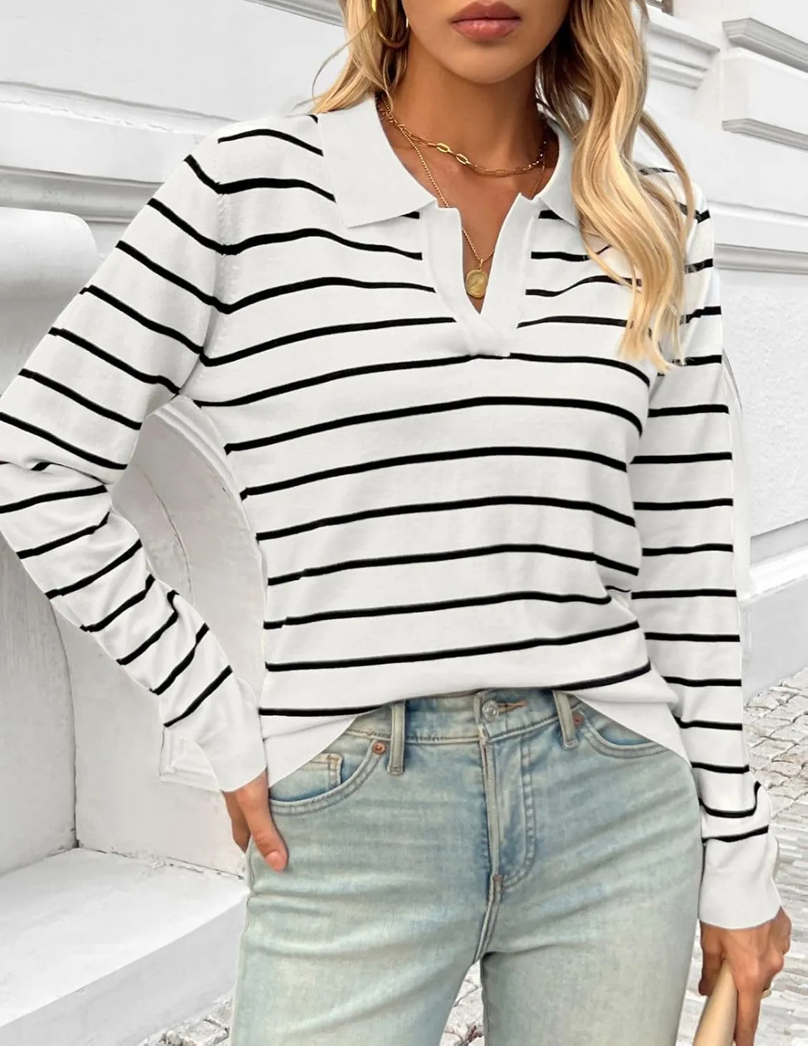 Kate Kasin Women Long Sleeve Polo Sweater V Neck Knitted Tops Casual Ribbed Shirt Loose Pullover Sweater