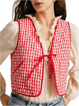 MakeMeChic Women's Plaid Gingham Quilted Vest Tie Front Sleeveless Crop Puffer Jacket