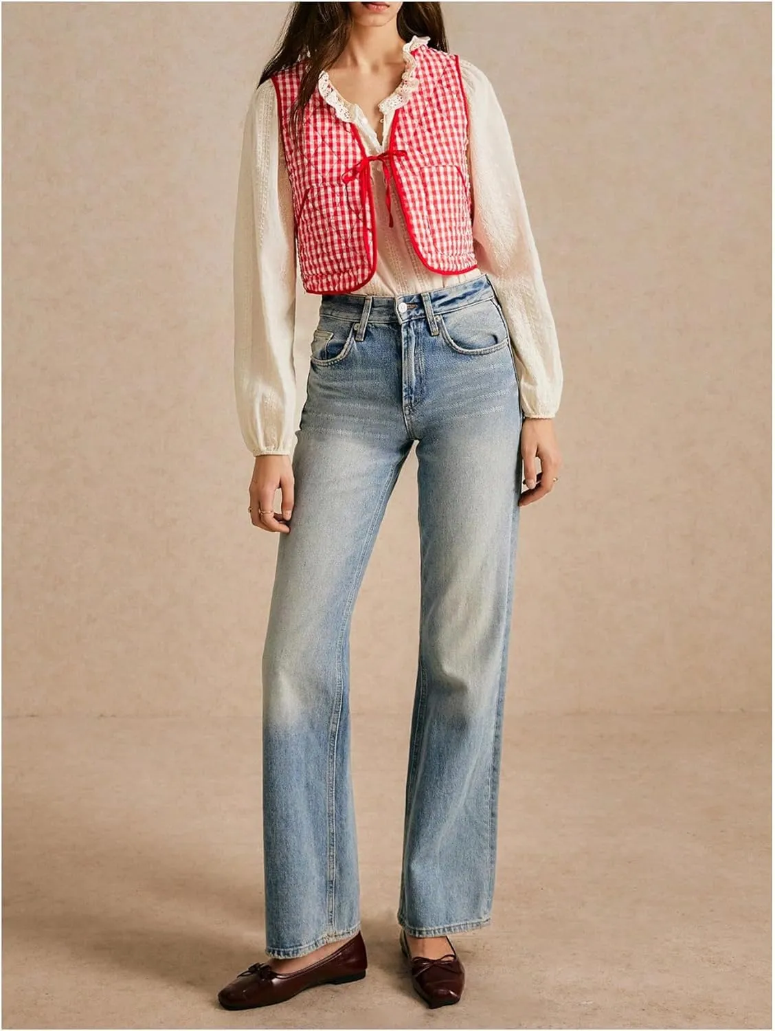 MakeMeChic Women's Plaid Gingham Quilted Vest Tie Front Sleeveless Crop Puffer Jacket
