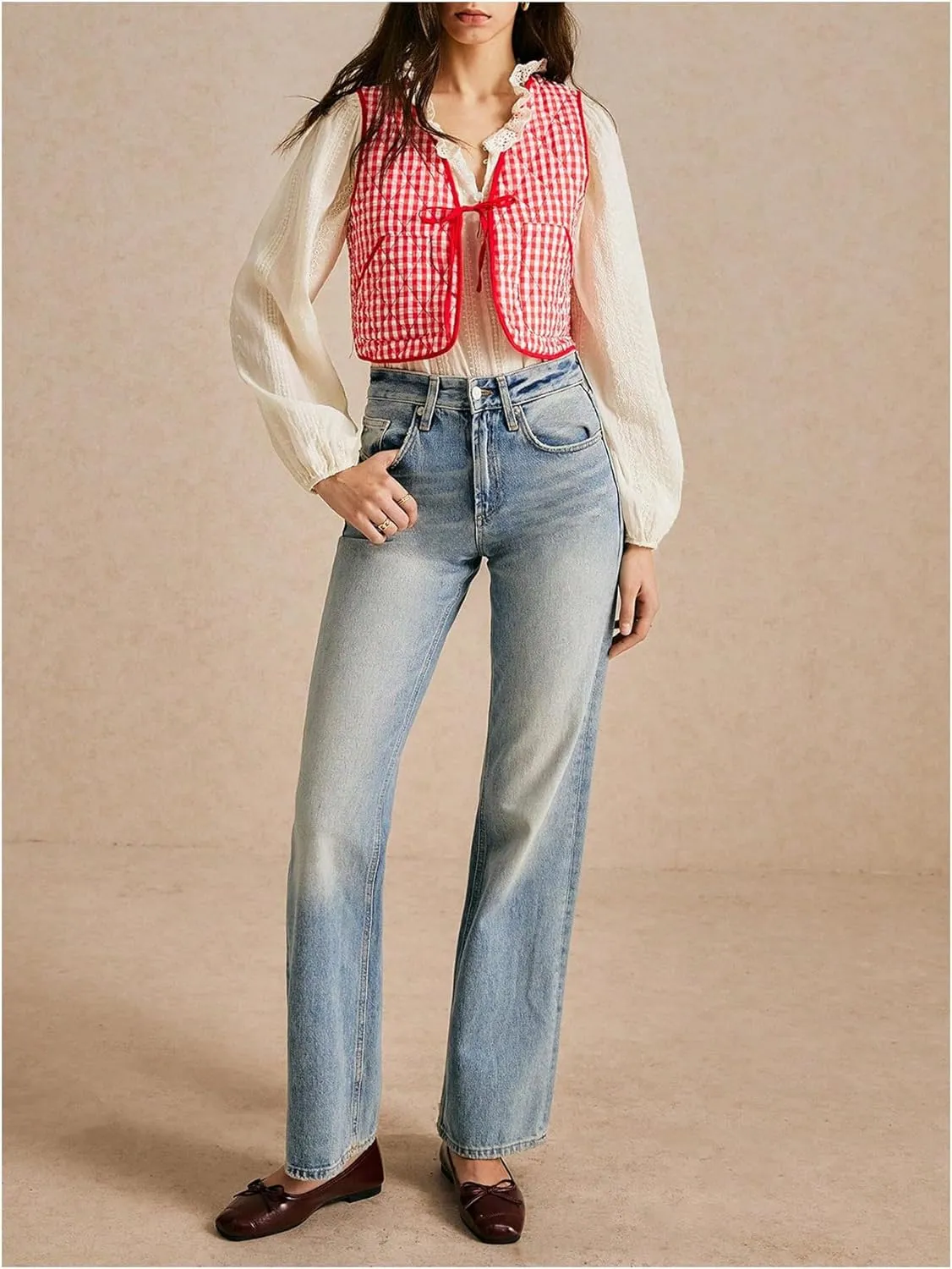 MakeMeChic Women's Plaid Gingham Quilted Vest Tie Front Sleeveless Crop Puffer Jacket