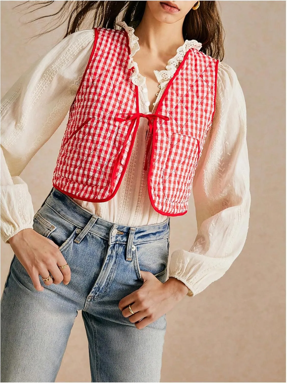 MakeMeChic Women's Plaid Gingham Quilted Vest Tie Front Sleeveless Crop Puffer Jacket