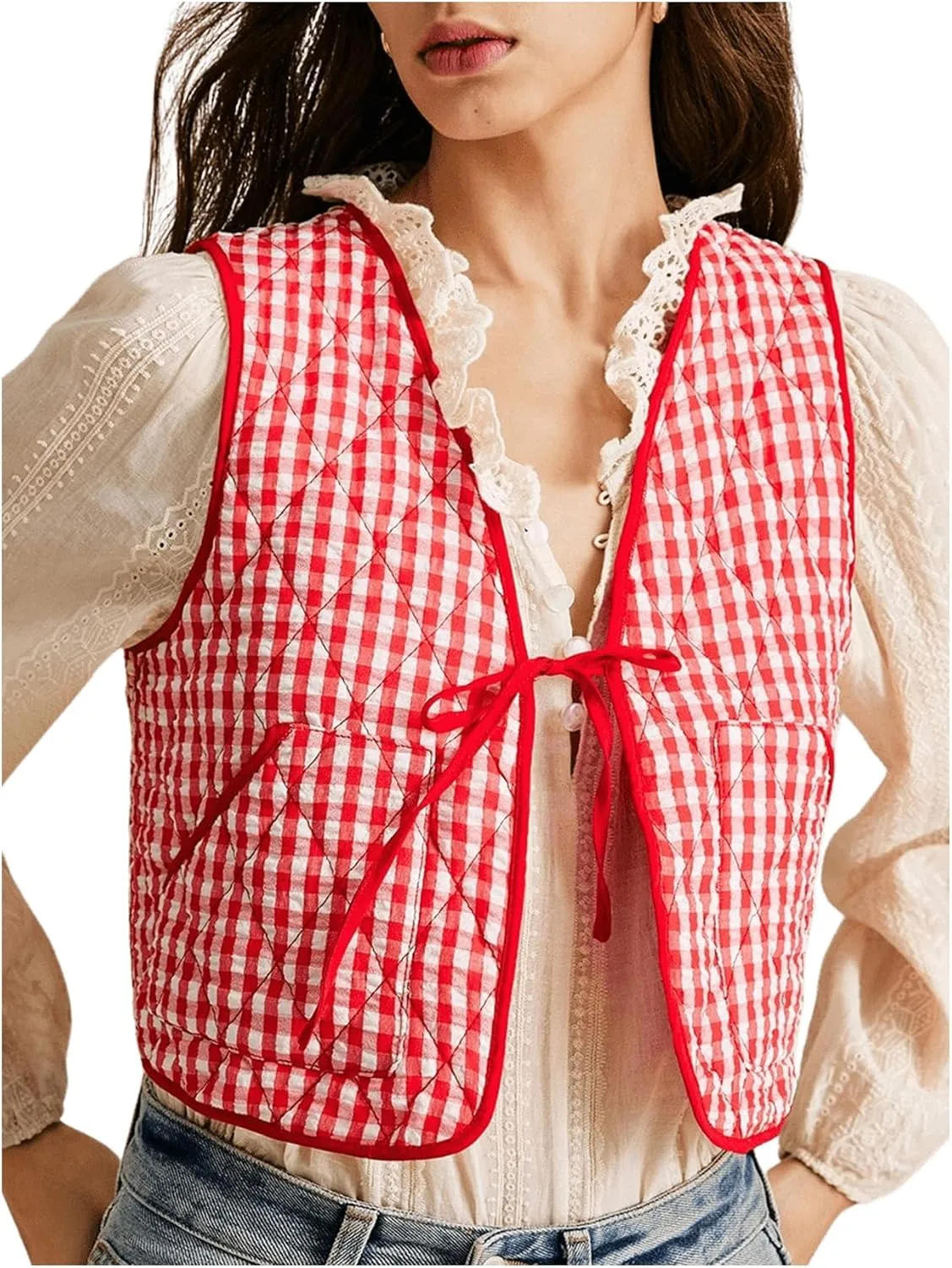 MakeMeChic Women's Plaid Gingham Quilted Vest Tie Front Sleeveless Crop Puffer Jacket