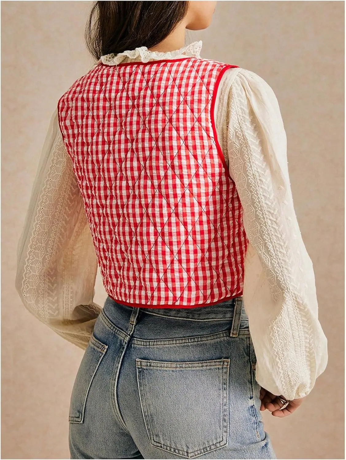 MakeMeChic Women's Plaid Gingham Quilted Vest Tie Front Sleeveless Crop Puffer Jacket